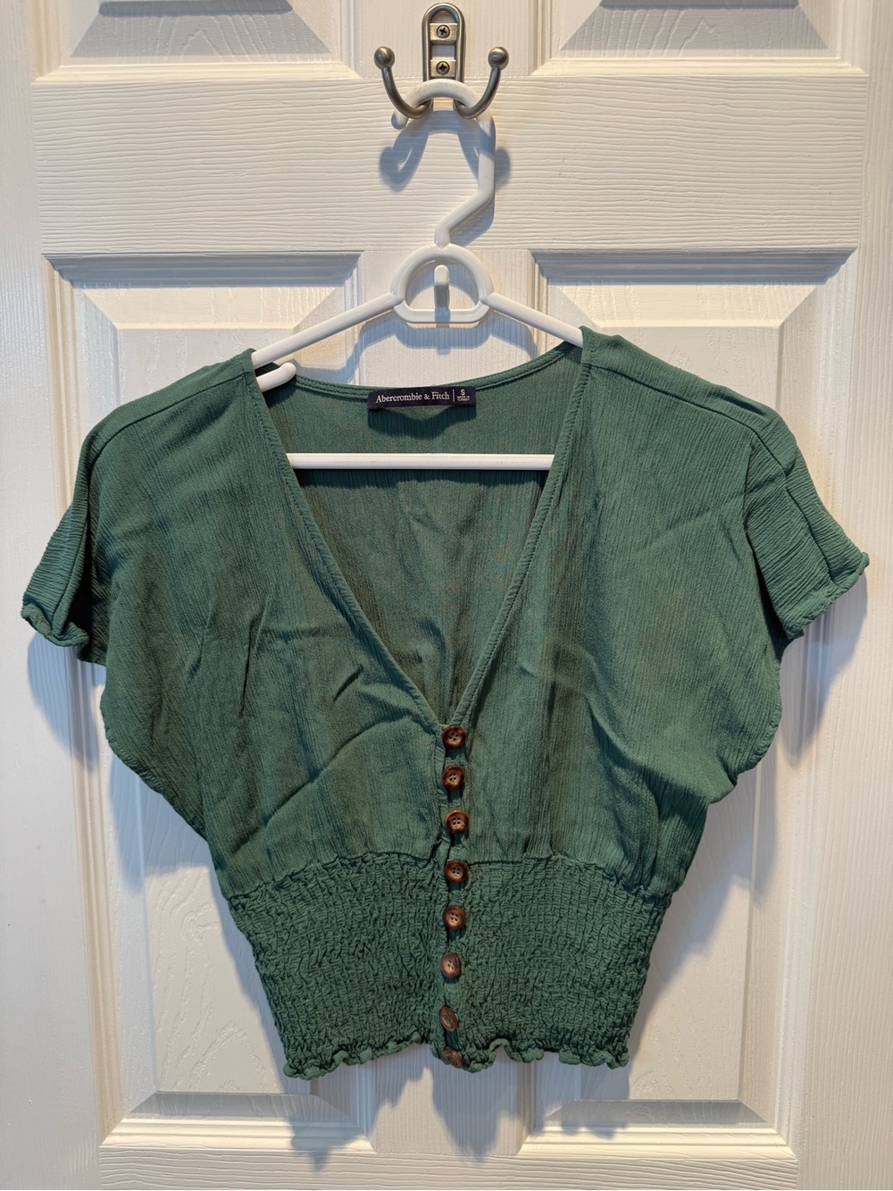 Abercrombie & Fitch Forest Green Button-Front Smocked Crop Top
